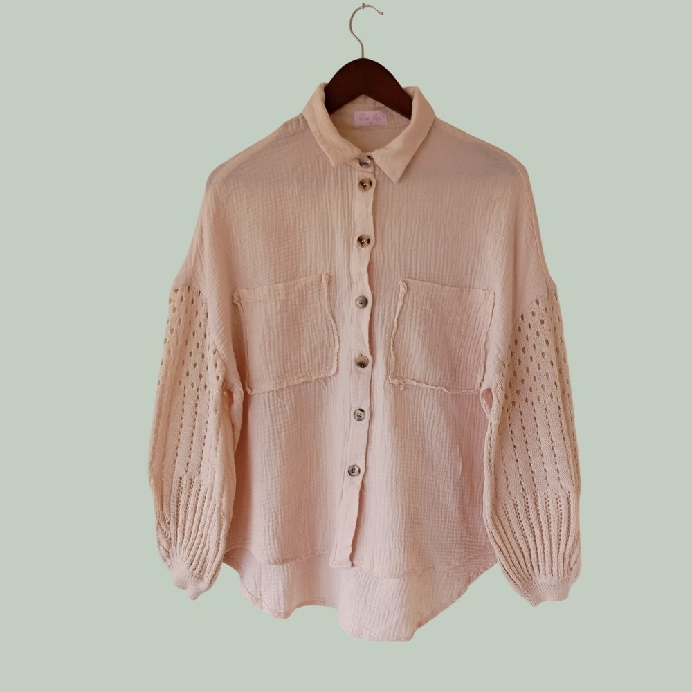 Button Down Cotton Gauze Oversized Tot Cream Crochet Sleeve Shirt Small Boho